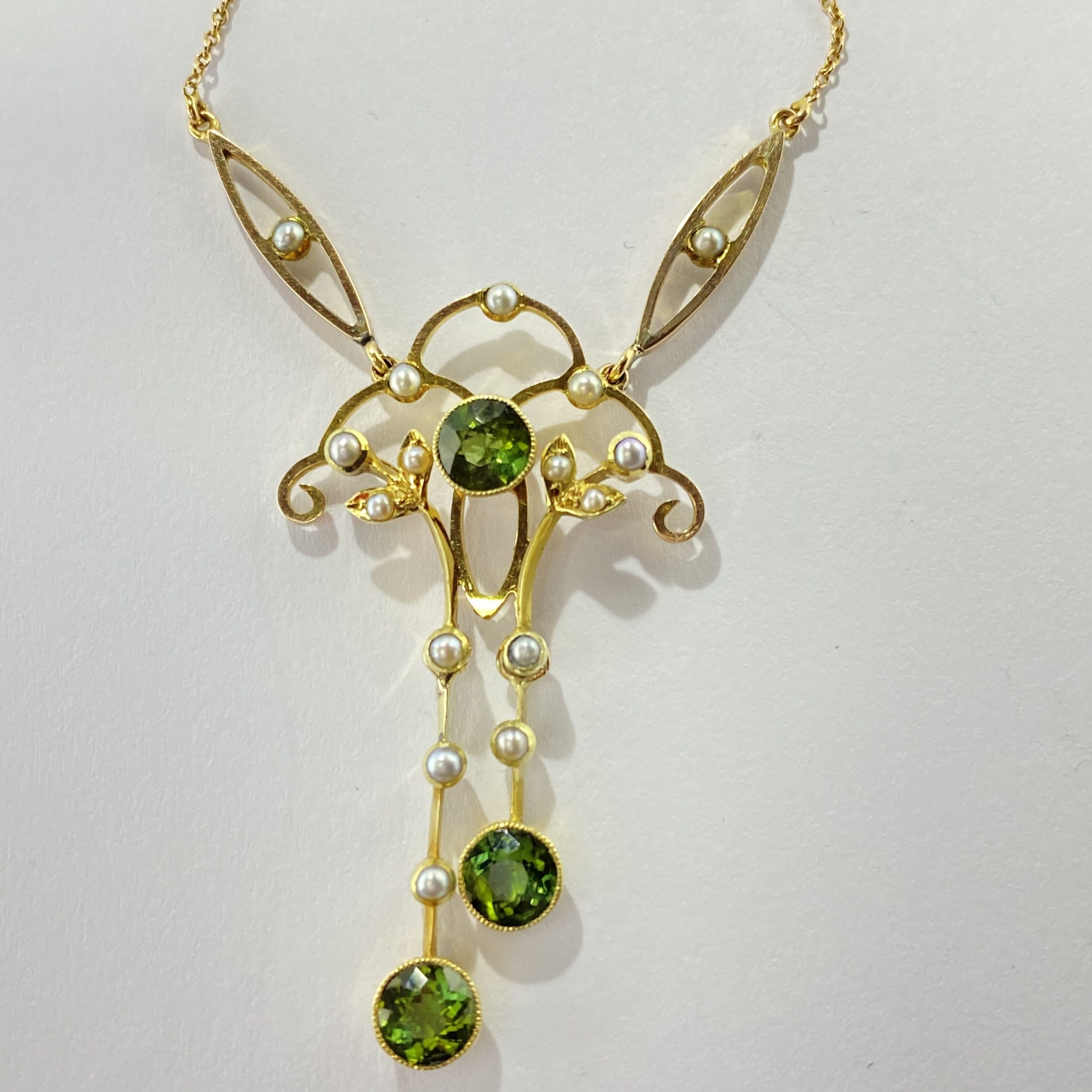 Antique Peridot, Diamond and Pearl Necklace